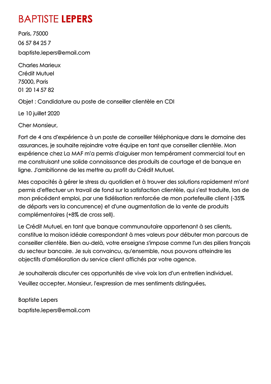 Modèle de lettre de motivation originale avec le nom en couleur rouge