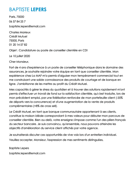 Modèle de lettre de motivation originale avec éléments en bleu