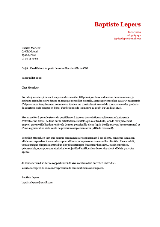 Modèle de lettre de motivation originale avec en-tête de couleur rouge
