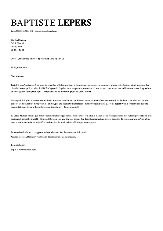 Modèle de lettre de motivation simple le nom du candidat mis en évidence